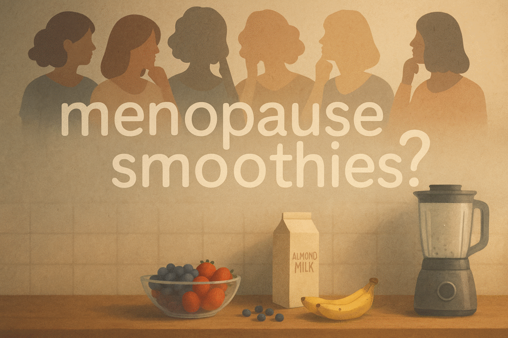 Illustration of five thoughtful women above a kitchen counter with almond milk, berries, banana, and blender, with the words "menopause smoothies?" in the background.
