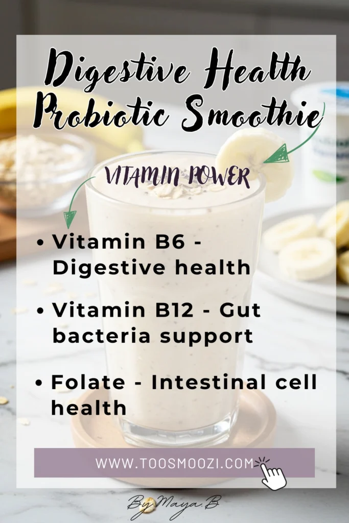 Vitamin chart showing digestive-supporting nutrients including B-complex vitamins, prebiotics and probiotics in probiotic smoothie ingredients
