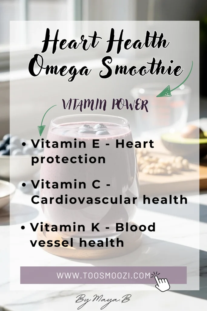 Vitamin chart showing heart-healthy nutrients including omega-3s, vitamin E and folate in omega smoothie ingredients
