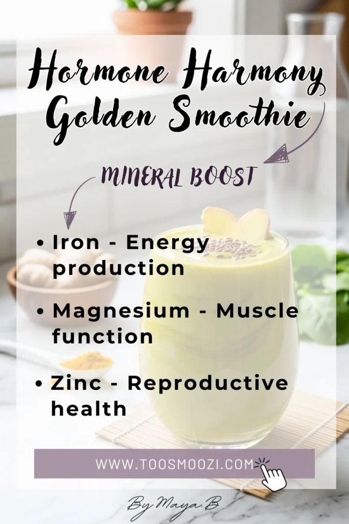 Mineral chart showing hormone-balancing nutrients including magnesium, manganese and potassium in golden smoothie ingredients
