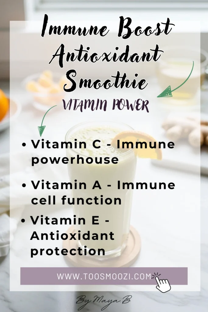 Vitamin chart showing immune-boosting nutrients including vitamin C, antioxidants and catechins in antioxidant smoothie ingredients
