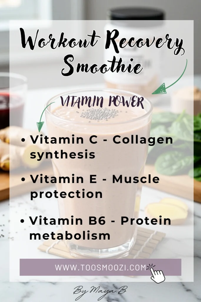 Recovery vitamin complex featuring anti-inflammatory compounds and muscle repair nutrients in post-workout smoothie