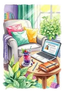 A vibrant watercolor illustration of a cozy learning space with a colorful berry smoothie, open laptop showing an online course, journal, and lush green plants in life-affirming colors for women over 40