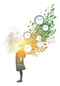 Woman silhouette with clocks and calendars transforming into green leaves and golden light watercolor art