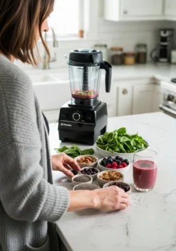 Woman preparing menopause health smoothie ingredients on marble counter with Vitamix blender for daily wellness routine