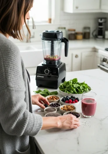 Woman preparing menopause health smoothie ingredients on marble counter with Vitamix blender for daily wellness routine