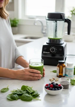 Close-up of menopause wellness smoothie preparation showing sustainable daily habits and 80/20 approach to lifestyle changes for women over 40