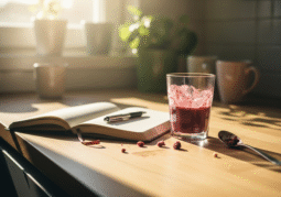 Morning light on a kitchen journal and smoothie