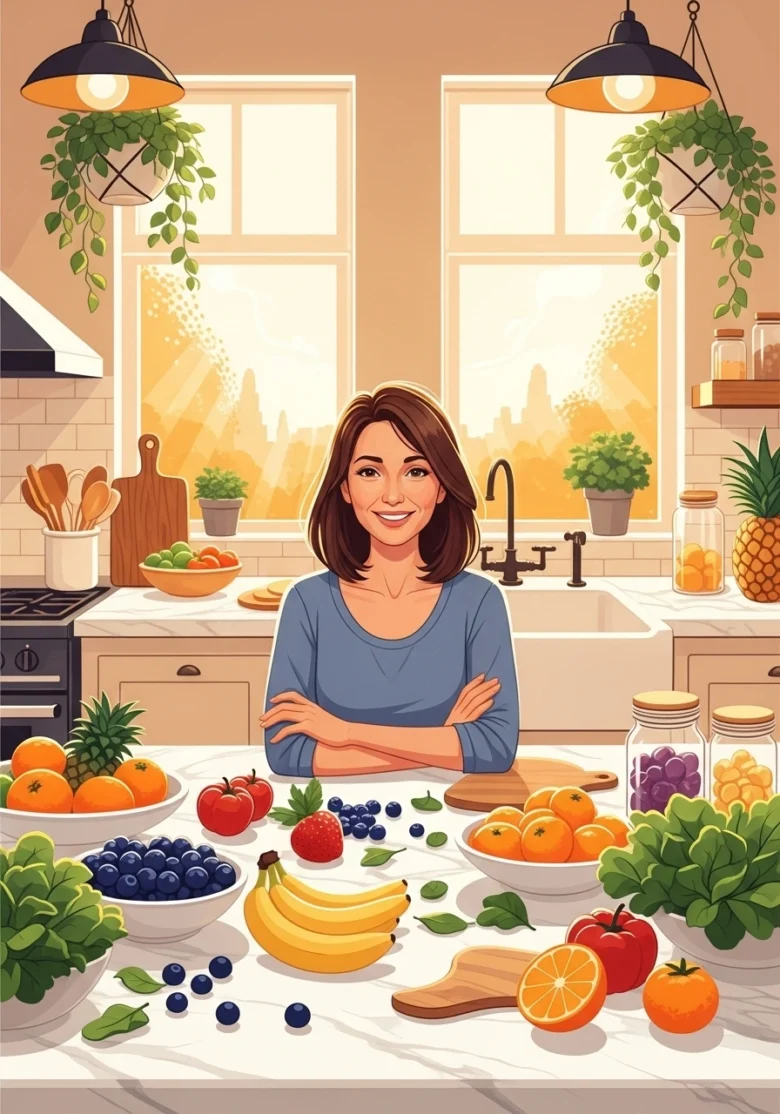 Smiling woman in her 40s in bright kitchen surrounded by fresh fruits for menopause smoothies