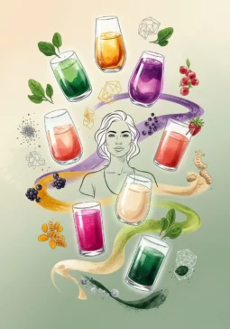 Artistic watercolor illustration of a woman surrounded by colorful hormone balancing smoothie glasses in jewel tones representing natural wellness for women over 40