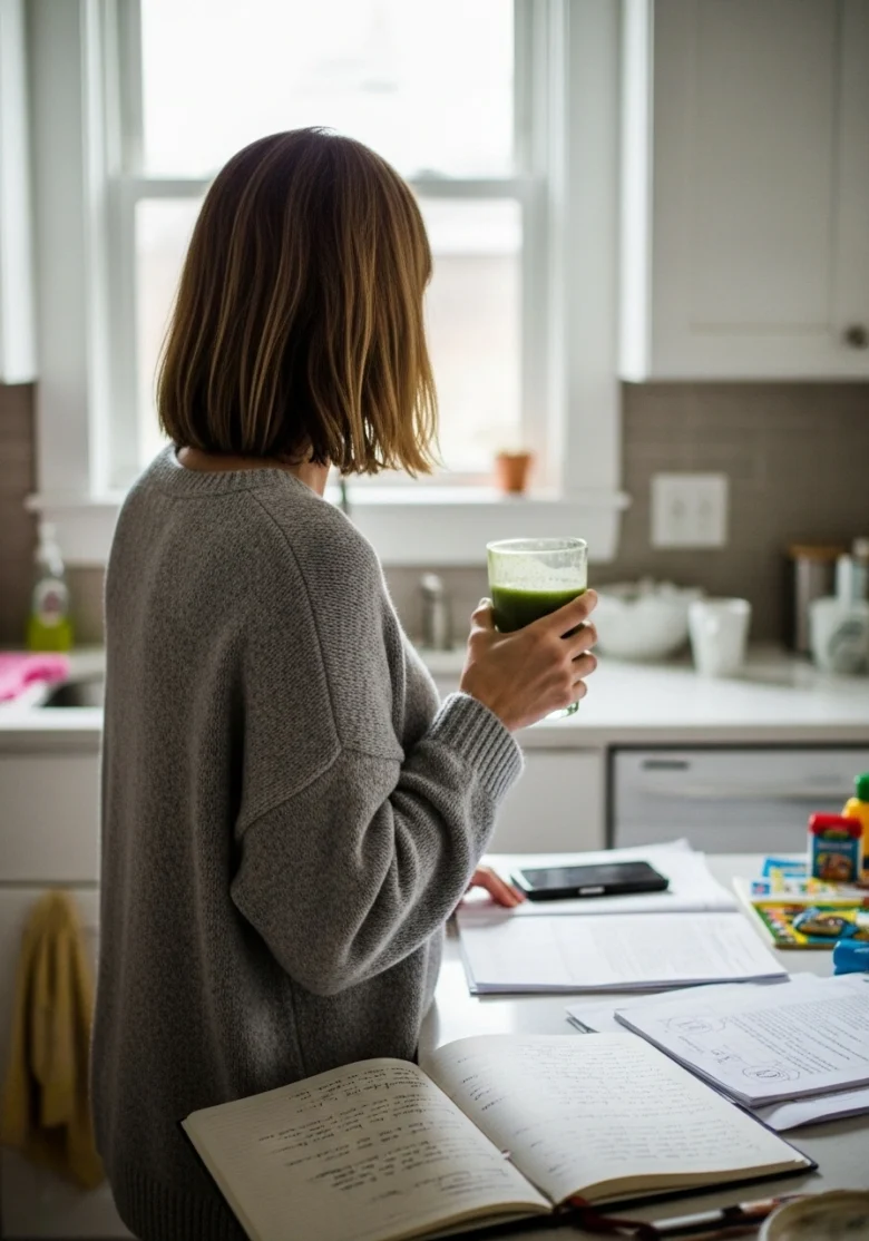Maya Bloom researching women's health over 40 at kitchen table with laptop, notebooks, and research materials