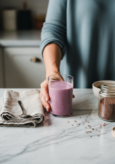 A real-life photo of a pink menopause smoothie on a white marble countertop with a woman’s hand placing the glass. Natural light and cozy kitchen setting.
