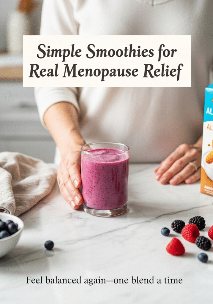Pinterest-style image of a pink-purple menopause smoothie in a real kitchen, with handwritten text overlay about hormone balance and relief.

