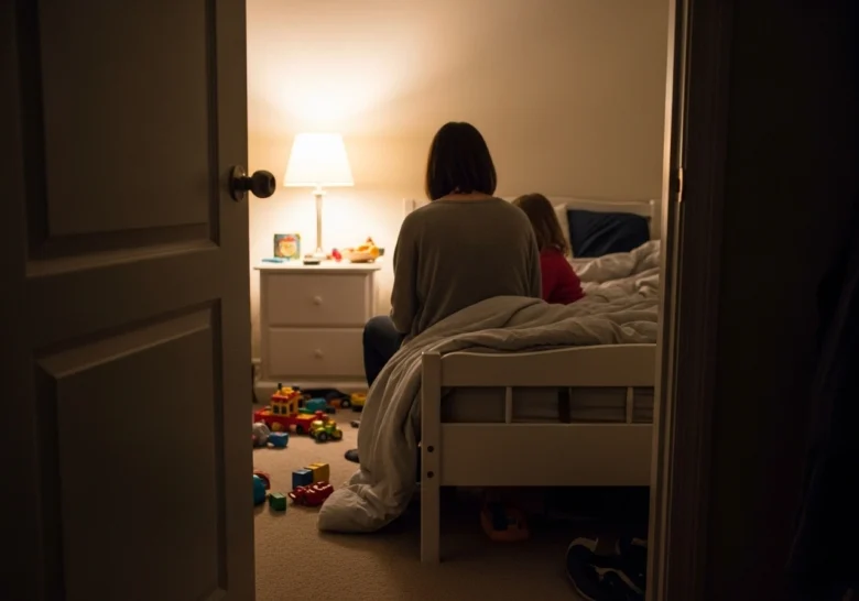 Real mother sitting with child during evening bedtime in authentic home setting