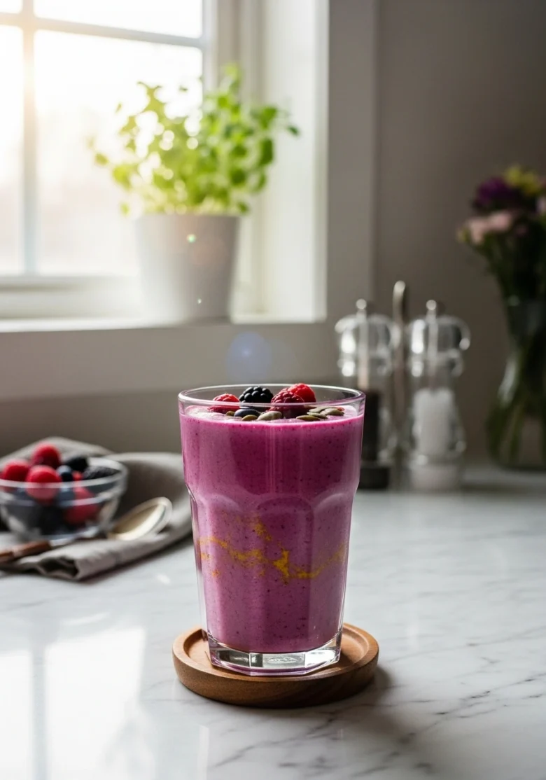 Mood stabilizing maca smoothie for hormonal balance - purple smoothie for menopause mood swings