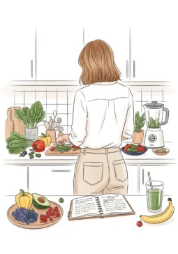 Woman in her 40s preparing healthy food in modern kitchen from behind, representing nutrition tips for women over 40