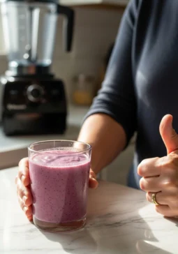 Woman giving thumbs up while enjoying nutrient-rich smoothie for post-summer skin repair with vitamin C and antioxidants